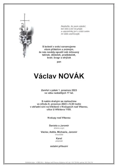 ukázkové smuteční oznámení (parte), Pohřební ústav Kralupy nad Vltavou