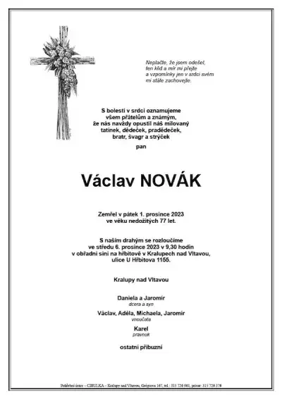 ukázkové smuteční oznámení (parte), Pohřební ústav Kralupy nad Vltavou