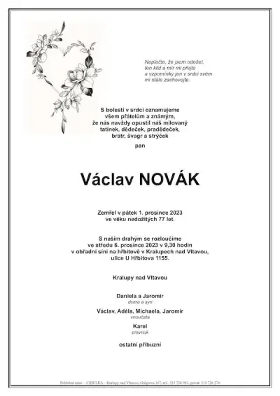 ukázkové smuteční oznámení (parte), Pohřební ústav Kralupy nad Vltavou
