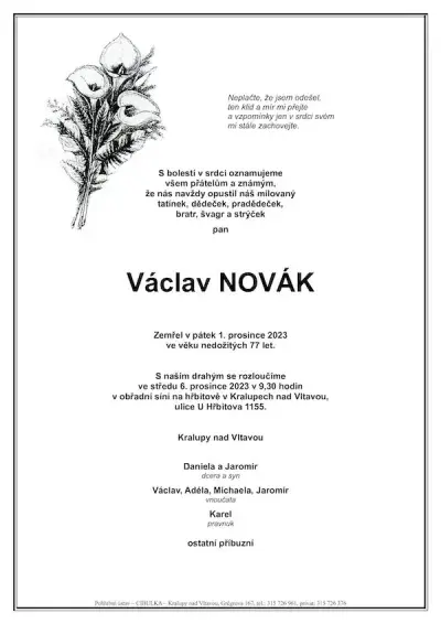 ukázkové smuteční oznámení (parte), Pohřební ústav Kralupy nad Vltavou