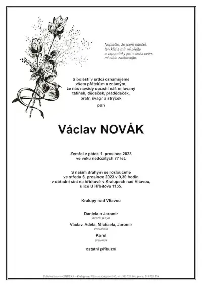 ukázkové smuteční oznámení (parte), Pohřební ústav Kralupy nad Vltavou