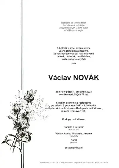 ukázkové smuteční oznámení (parte), Pohřební ústav Kralupy nad Vltavou