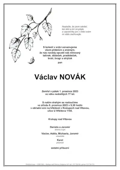ukázkové smuteční oznámení (parte), Pohřební ústav Kralupy nad Vltavou
