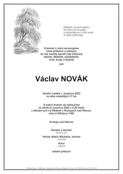 ukázkové smuteční oznámení (parte), Pohřební ústav Kralupy nad Vltavou