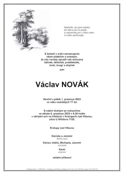 ukázkové smuteční oznámení (parte), Pohřební ústav Kralupy nad Vltavou