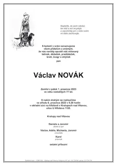 ukázkové smuteční oznámení (parte), Pohřební ústav Kralupy nad Vltavou