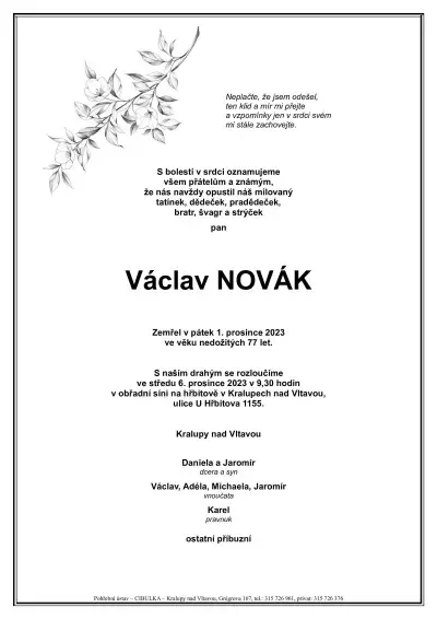 ukázkové smuteční oznámení (parte), Pohřební ústav Kralupy nad Vltavou