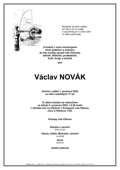 ukázkové smuteční oznámení (parte), Pohřební ústav Kralupy nad Vltavou