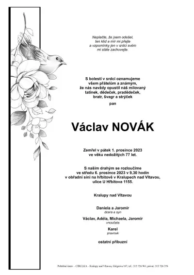 ukázkové smuteční oznámení (parte), Pohřební ústav Kralupy nad Vltavou