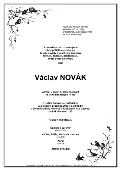 ukázkové smuteční oznámení (parte), Pohřební ústav Kralupy nad Vltavou