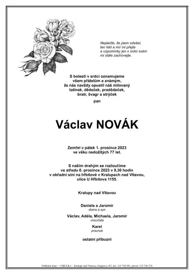 ukázkové smuteční oznámení (parte), Pohřební ústav Kralupy nad Vltavou
