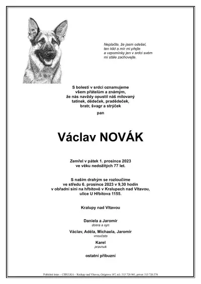 ukázkové smuteční oznámení (parte), Pohřební ústav Kralupy nad Vltavou