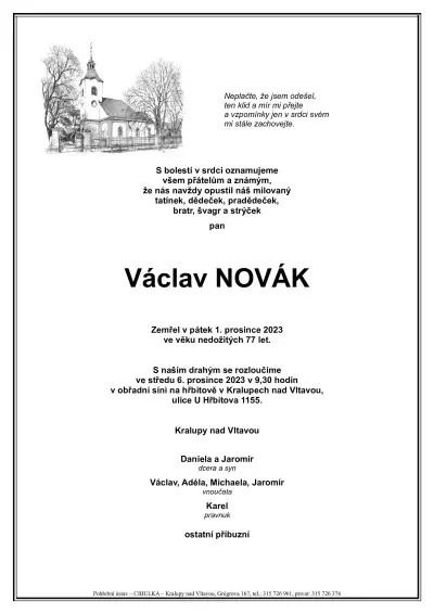 ukázkové smuteční oznámení (parte), Pohřební ústav Kralupy nad Vltavou