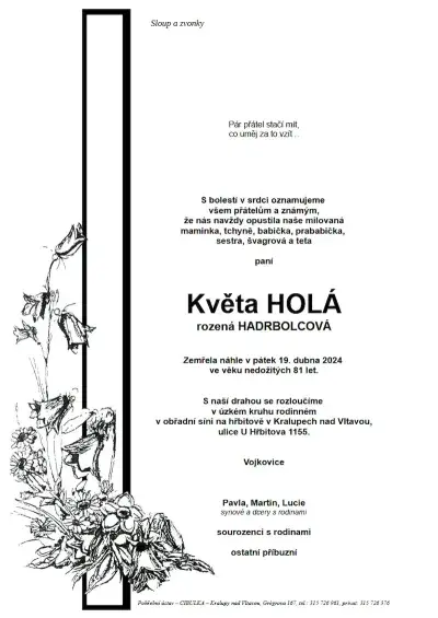ukázkové smuteční oznámení (parte), Pohřební ústav Kralupy nad Vltavou