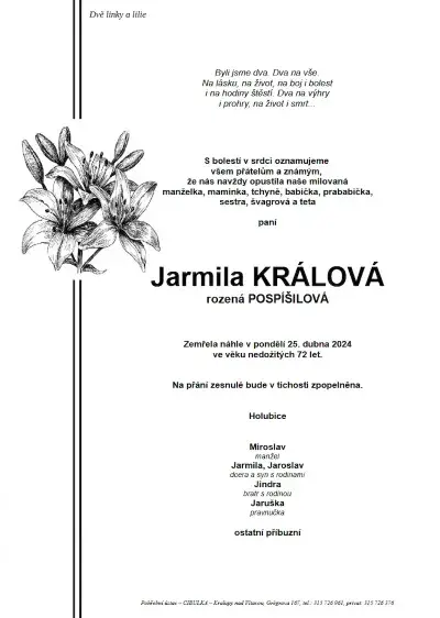 ukázkové smuteční oznámení (parte), Pohřební ústav Kralupy nad Vltavou