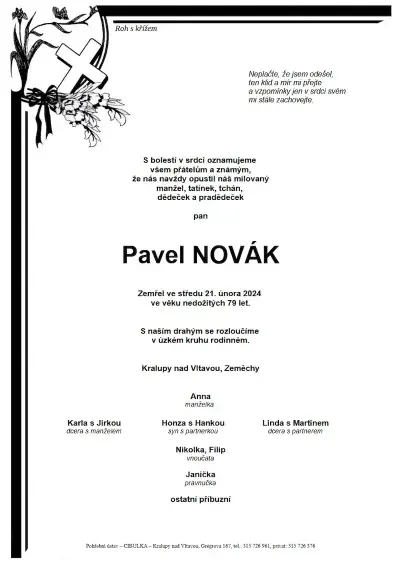 ukázkové smuteční oznámení (parte), Pohřební ústav Kralupy nad Vltavou
