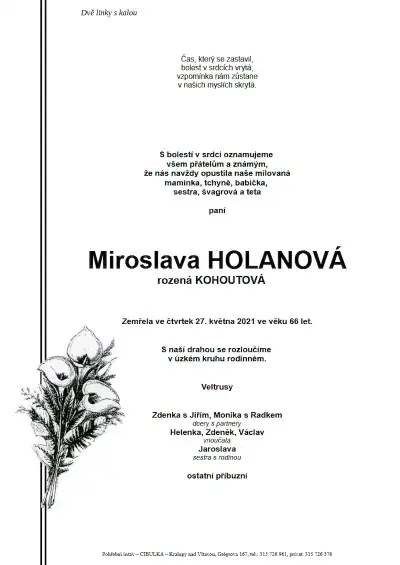 ukázkové smuteční oznámení (parte), Pohřební ústav Kralupy nad Vltavou