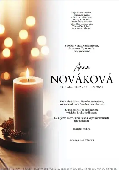 ukázkové smuteční oznámení (parte), Pohřební ústav Kralupy nad Vltavou