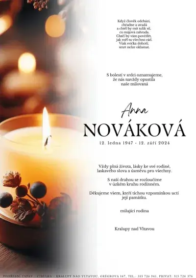 ukázkové smuteční oznámení (parte), Pohřební ústav Kralupy nad Vltavou