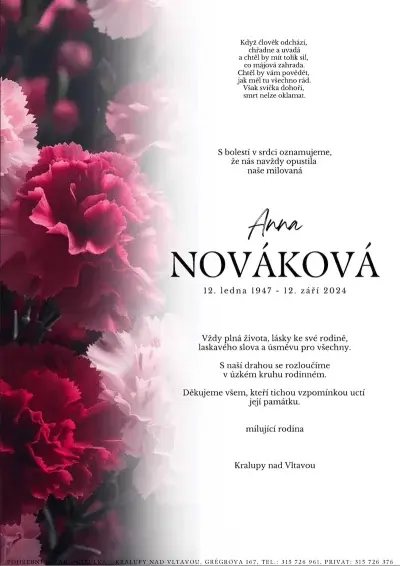 ukázkové smuteční oznámení (parte), Pohřební ústav Kralupy nad Vltavou