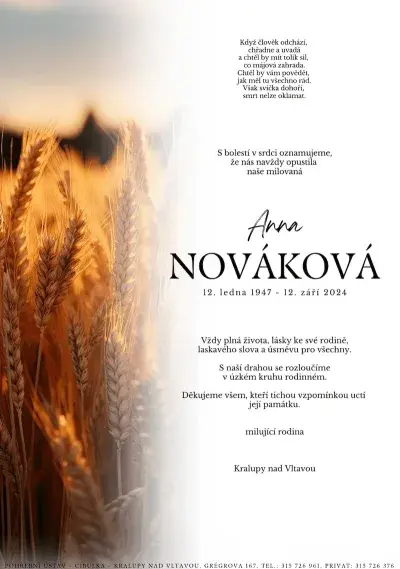 ukázkové smuteční oznámení (parte), Pohřební ústav Kralupy nad Vltavou