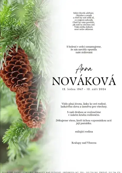 ukázkové smuteční oznámení (parte), Pohřební ústav Kralupy nad Vltavou