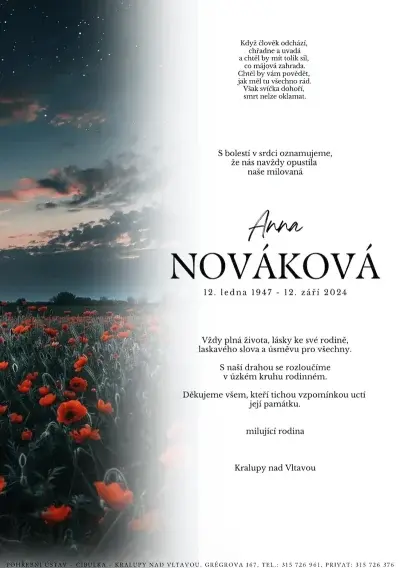 ukázkové smuteční oznámení (parte), Pohřební ústav Kralupy nad Vltavou